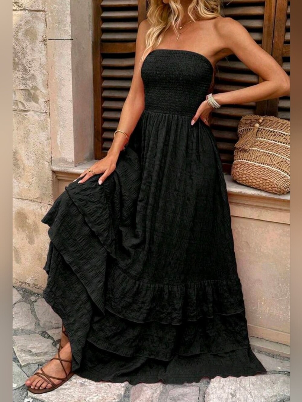 New Strapless Smocked Tiered Ruffle Maxi Dress Black - Picture 5 of 9